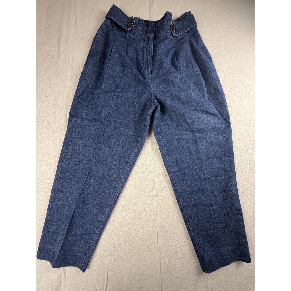 Ann Taylor Women's Petite Blue Denim Pleated High Rise Tapered Pants Pockets